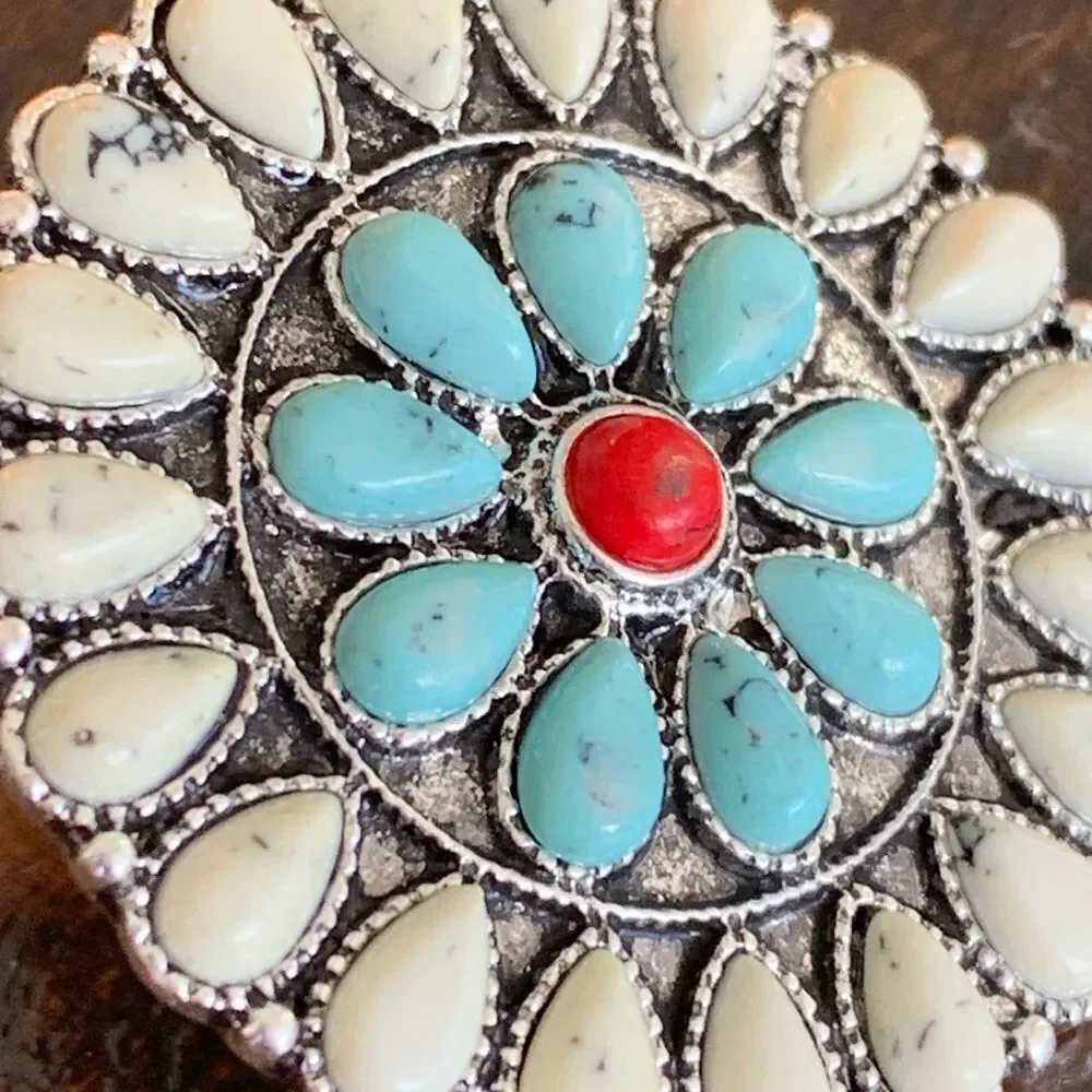 Western Flower Cluster Work Concho Style Earrings, Turquoise Blue White Red